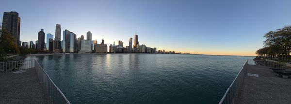 A panorama of Lake Michigan, with the Chicago skyline encroching in from the left.