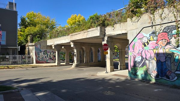 A concrete bridge, with various walls covered in graffiti and murals. The footpath itself is covered in various green plants on top of the beige concrete.