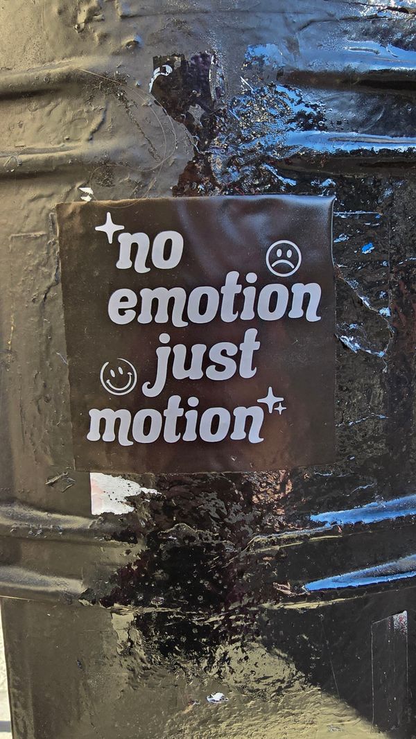 A sticker that says 'no emotion just motion' with sparkling emoji, and a smiling and sad face.