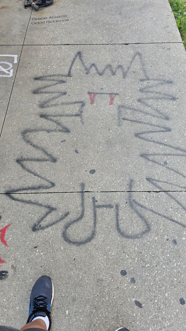 A seemingly quickly sprayed fuzzy cat, painted on the sidewalk. The Cat has no eyes, and two red fangs.