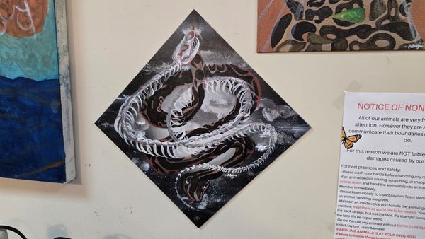 A painting of a snake skeleton intertwined with a living snake, in front of a gray sky. The canvas is square, but turned slightly to appear like a diamond shape.