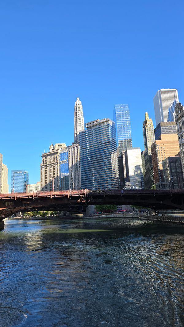 Chicago skyline shot from a boat on the Chicago River