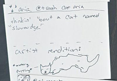 a photo of a postcard with a single handwritten post from @trashcataria: 'thinkin' 'bout a cat named 'sluuuudge', with a 'reply' that is a cat seemingly made of a puddle and letting out some '*watery purring*'