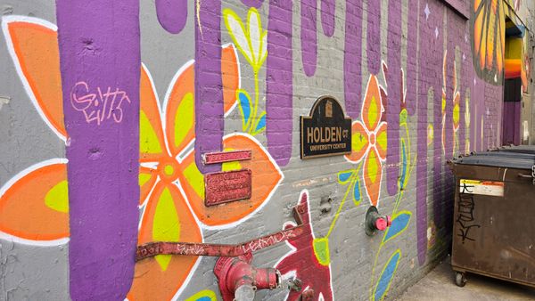 A detail of the abstract butterfly mural, centered on a sign that says 'Holden Ct University Center'